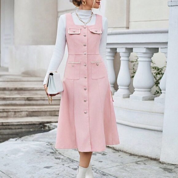 Pink Preppy Womens Flap Pocket Button Front Dress - Picture 2 of 5